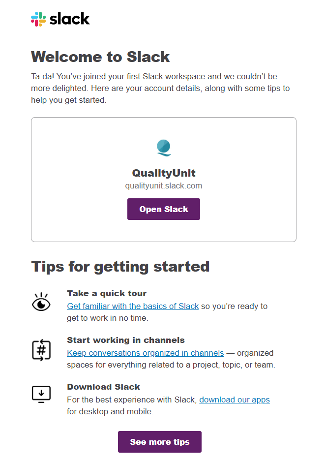 Bem-vindo ao Slack da Quality Unit