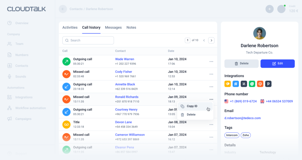 Interface do usuário CloudTalk