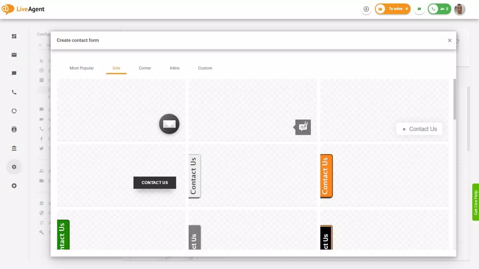 Formulário de contato lateral do LiveAgent
