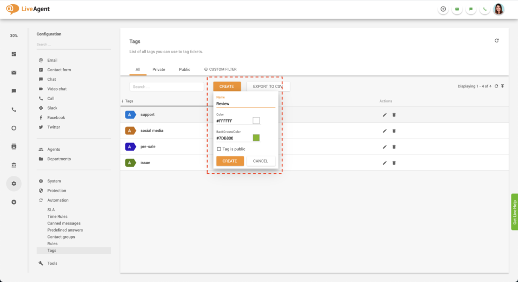 Criando etiquetas personalizadas no LiveAgent