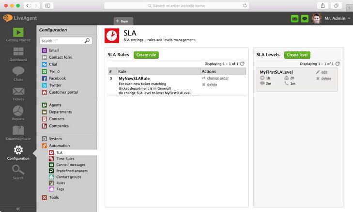 A imagem mostra onde encontrar as configurações de SLA no LiveAgent