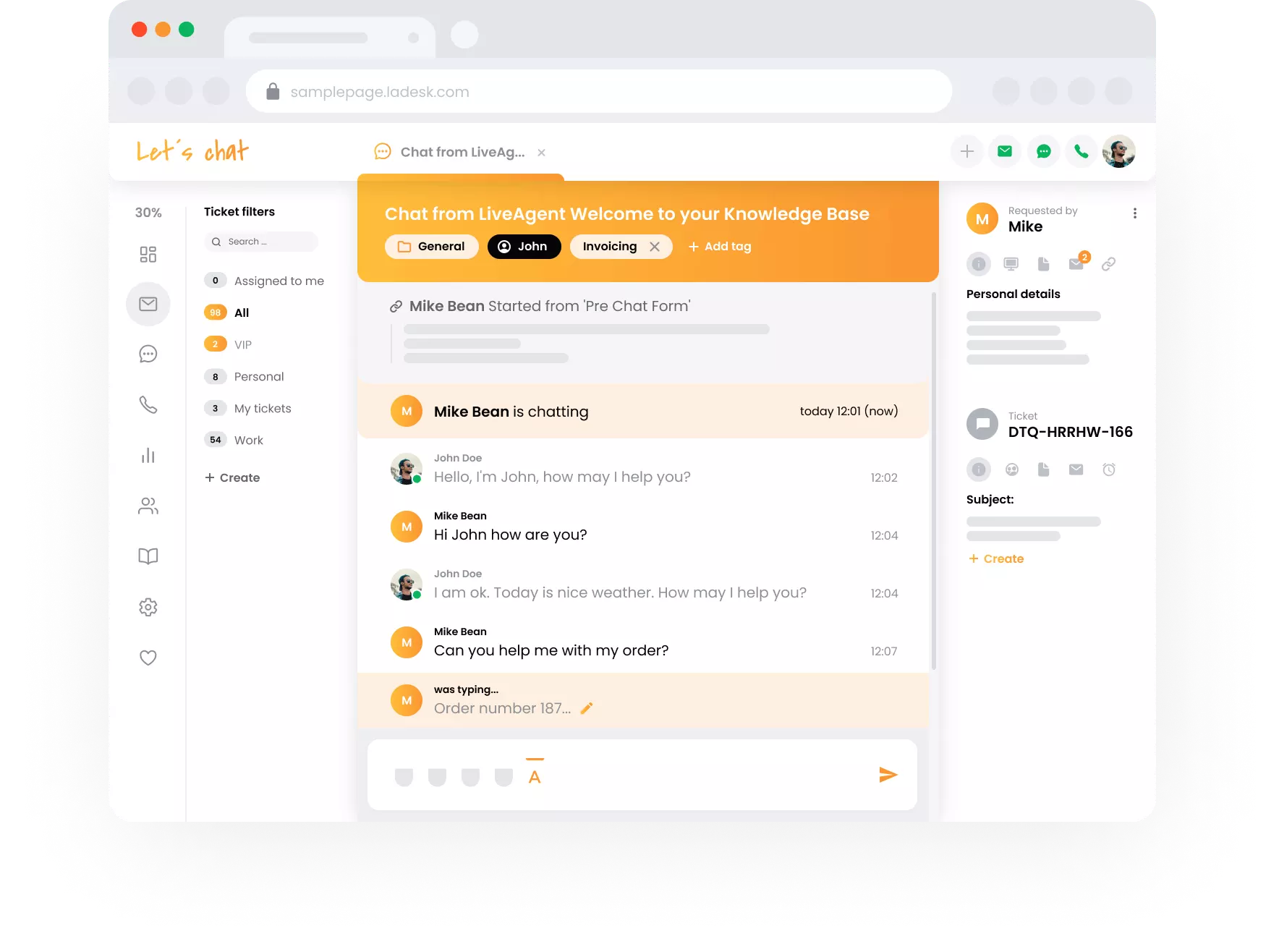 Visualização de suporte de ticketing do LiveAgent