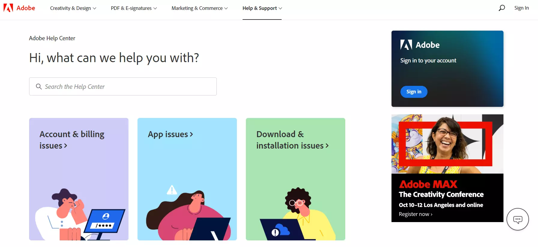 Página de destino da base de conhecimento da Adobe, mostrando seu sistema de gestão de conhecimento.