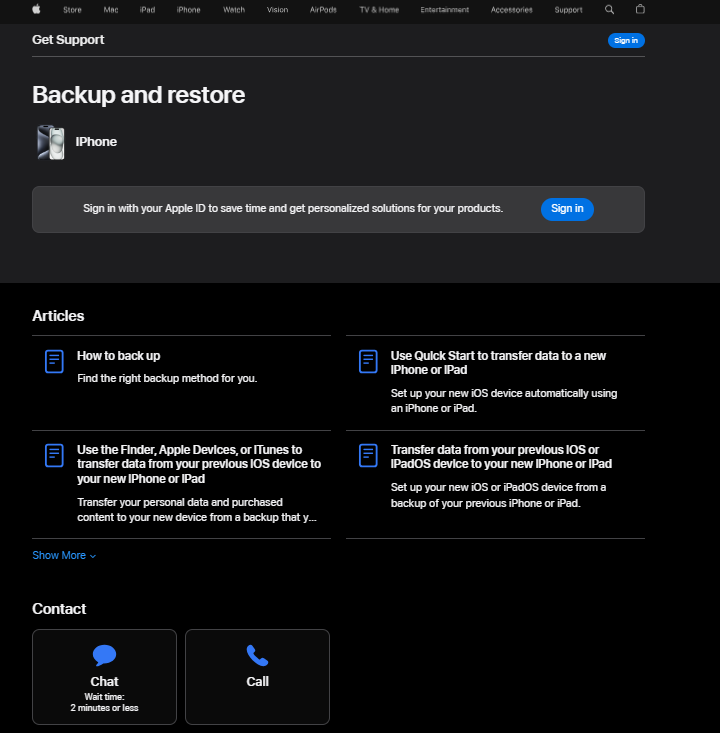 Página de suporte da Apple exibindo suas opções de suporte