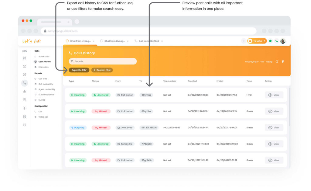 Recurso de histórico de chamadas no Call Center LiveAgent