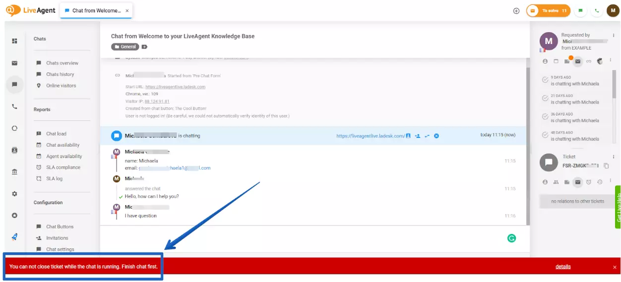 LiveAgent - aviso de chat não resolvido