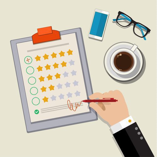 Ilustração de feedback do cliente - Mão marcando excelente em uma pesquisa