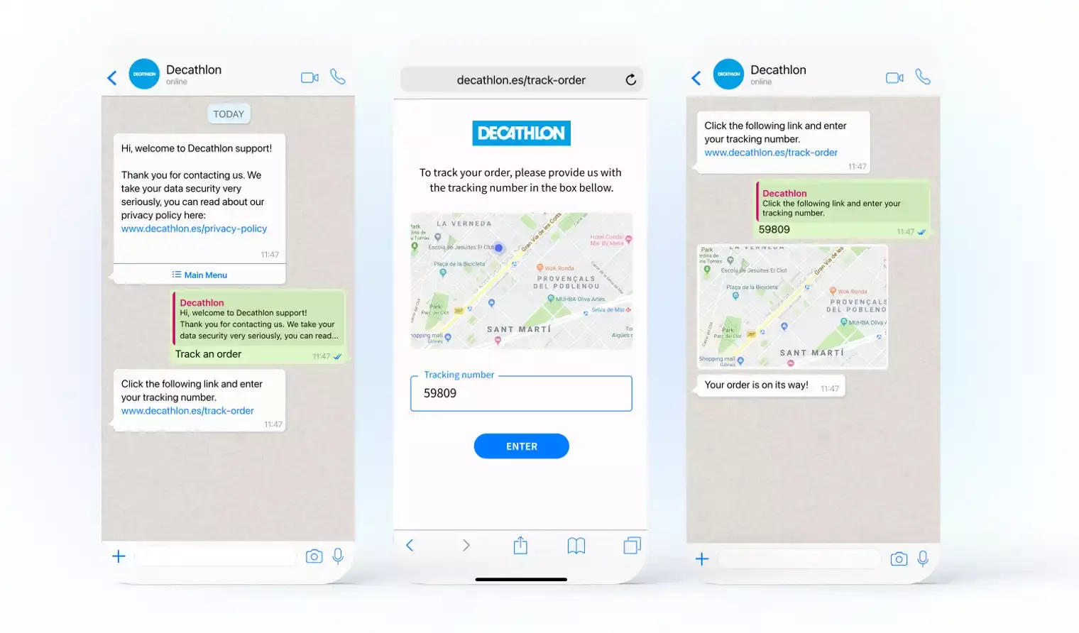 Recursos de live chat do Decathlon por WhatsApp para rastreamento de pedidos