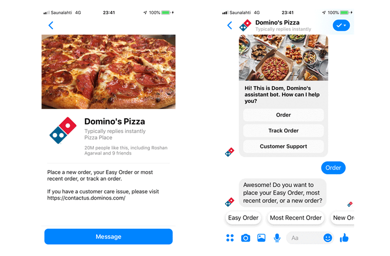 Live chat do Domino's Pizza Messenger para fazer pedidos
