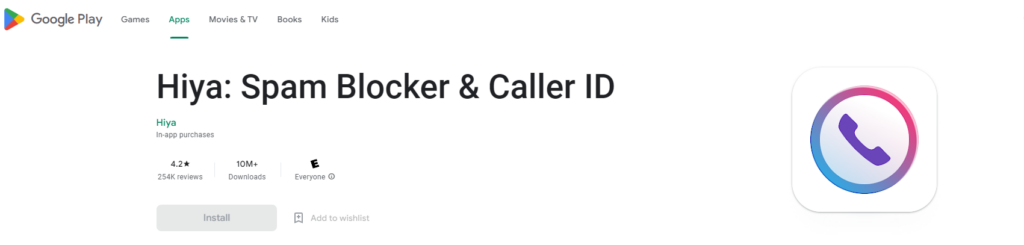 Site do Google Play do Hiya: Spam Blocker & Caller ID
