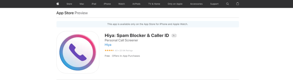 Site da App Store do Hiya: Spam Blocker & Caller ID