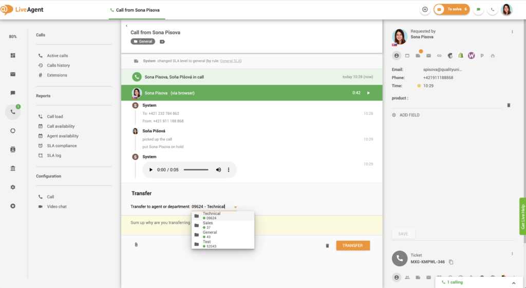 Captura de tela de transferência de chamada atendida