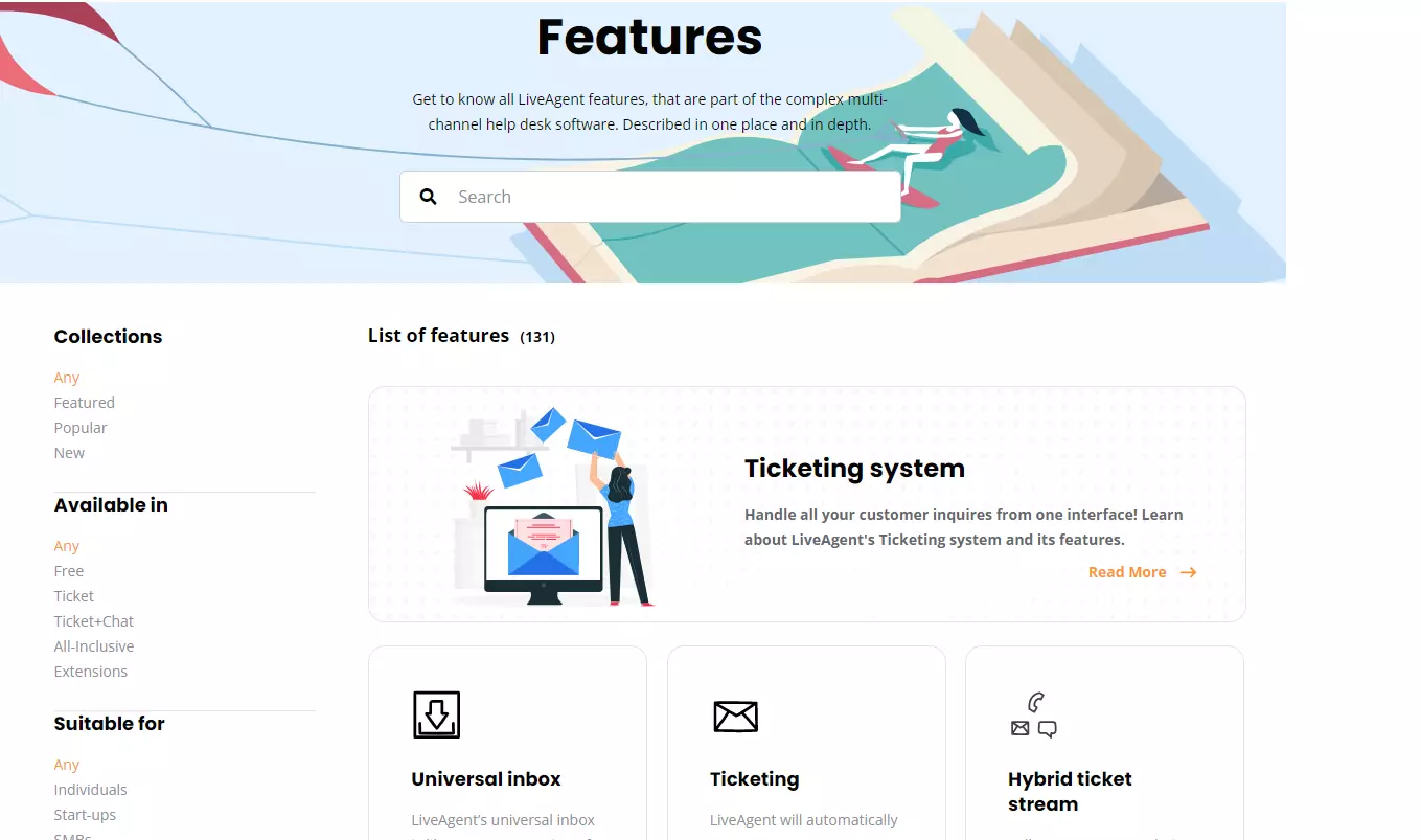 Página de recursos do LiveAgent
