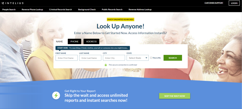 Página inicial do Intelius