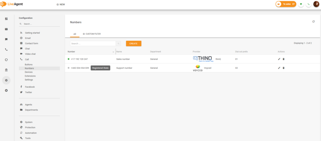Configuração de números do LiveAgent