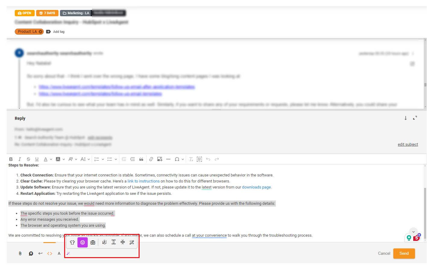 Imagem do recurso de Assistente de IA destacado no ticket de suporte