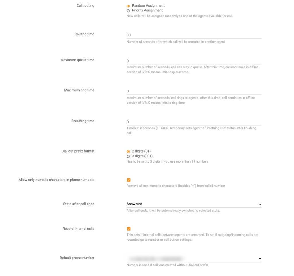 Configuração do call center da LiveAgent