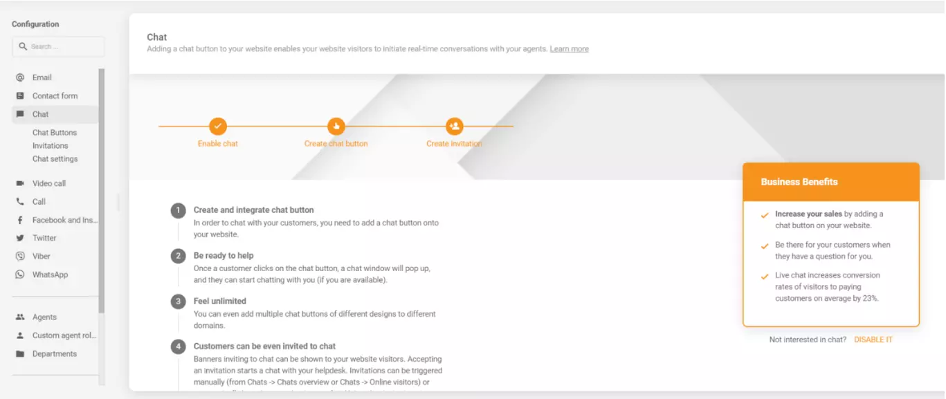 Configuração de chat LiveAgent