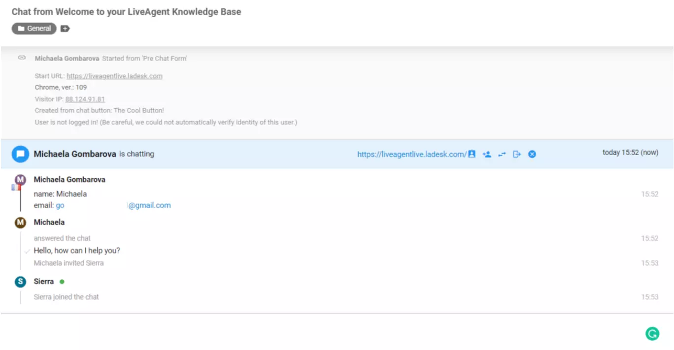 LiveAgent Agente entrou no chat