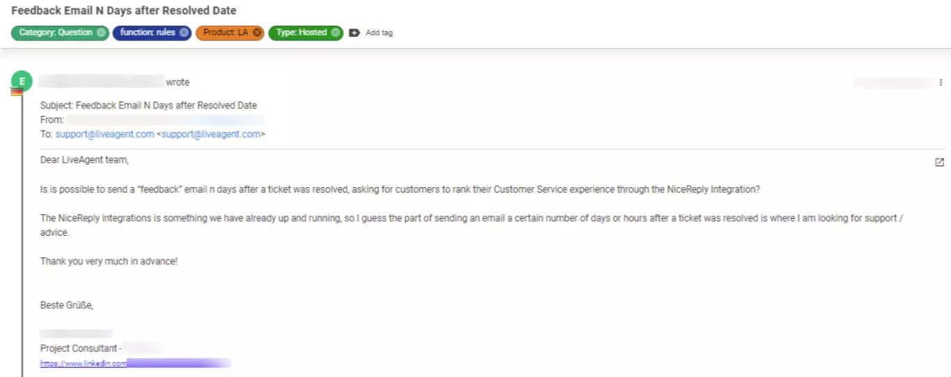 Captura de tela de um ticket que mostra um problema de cliente que é considerado de baixa prioridade.