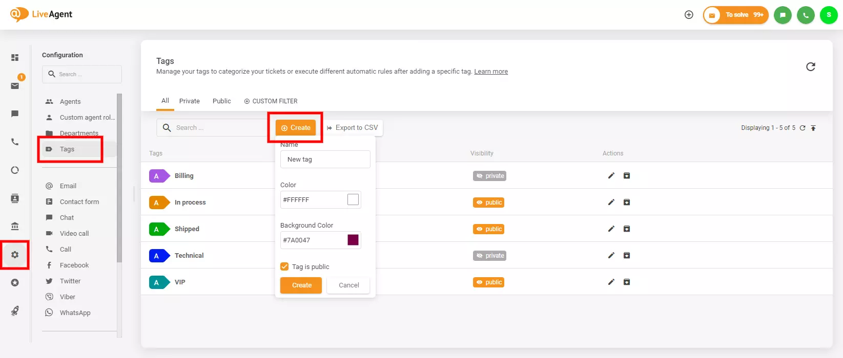 A imagem mostra onde encontrar e criar tags no LiveAgent