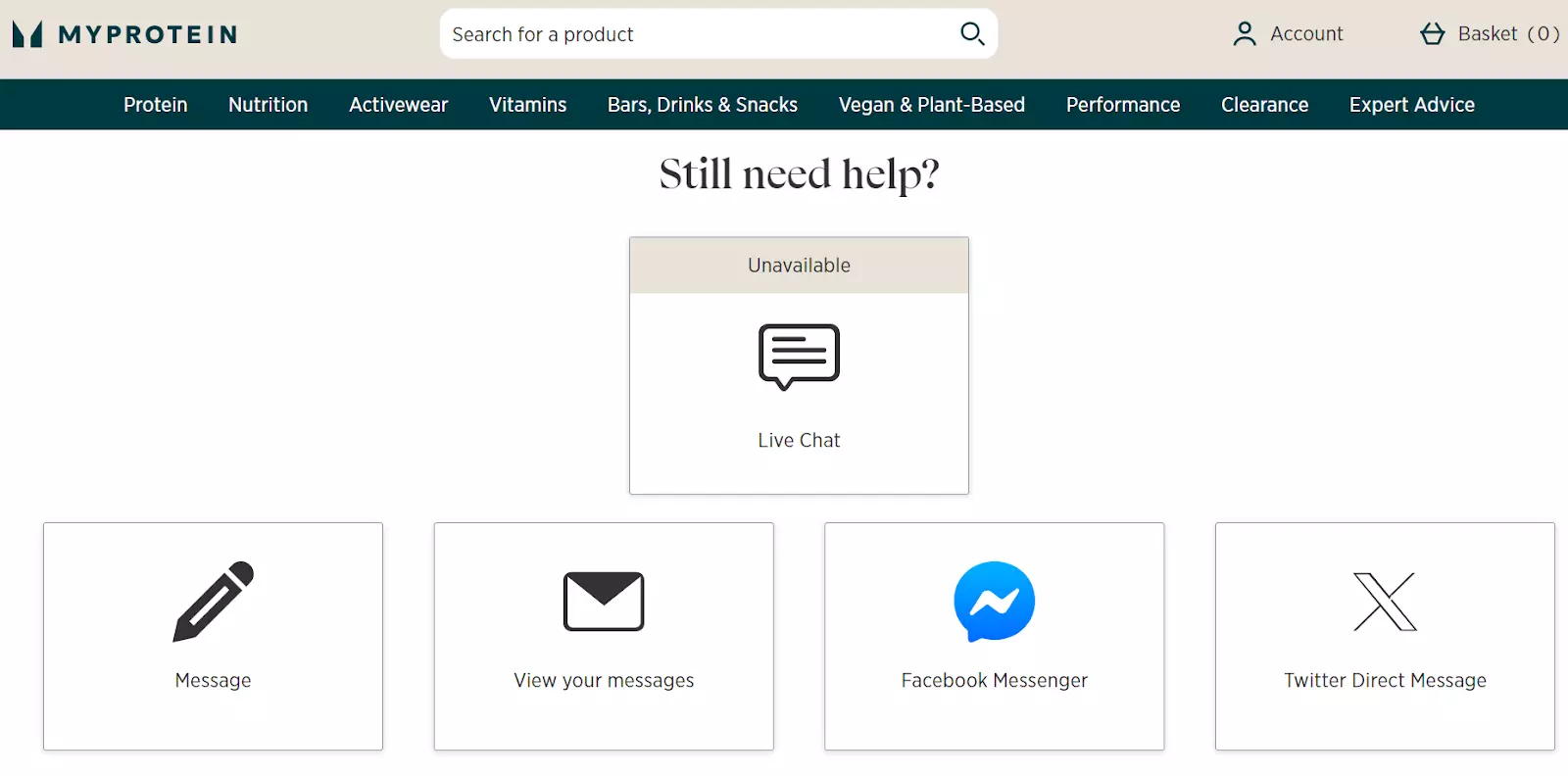 Página de suporte do MyProtein com canais de comunicação