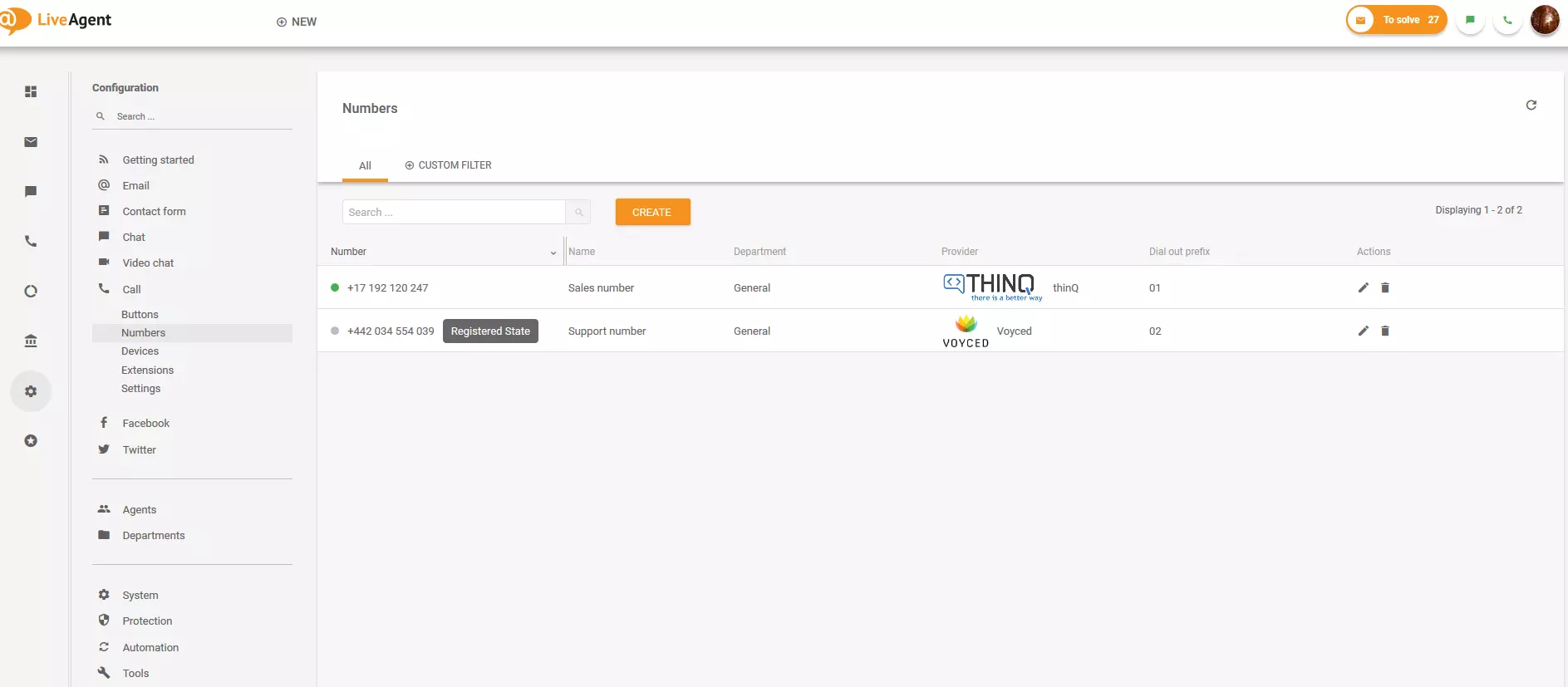 Seção de números no LiveAgent