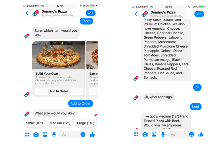 Continuação do processo de pedido de live chat do Domino's Pizza