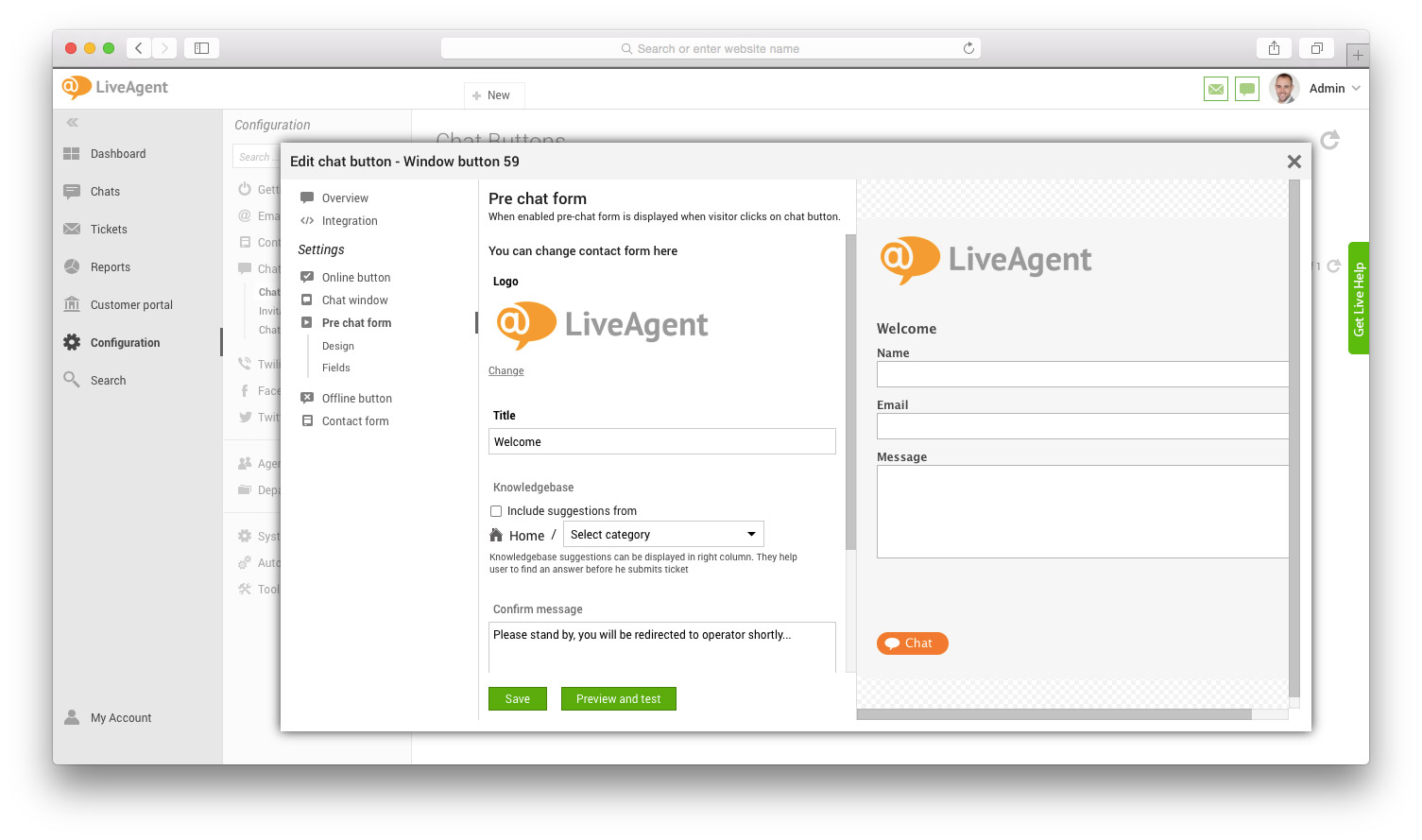 Janela de formulário pré-chat com campos e visualização