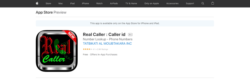 Site da App Store do Real Caller: Caller id