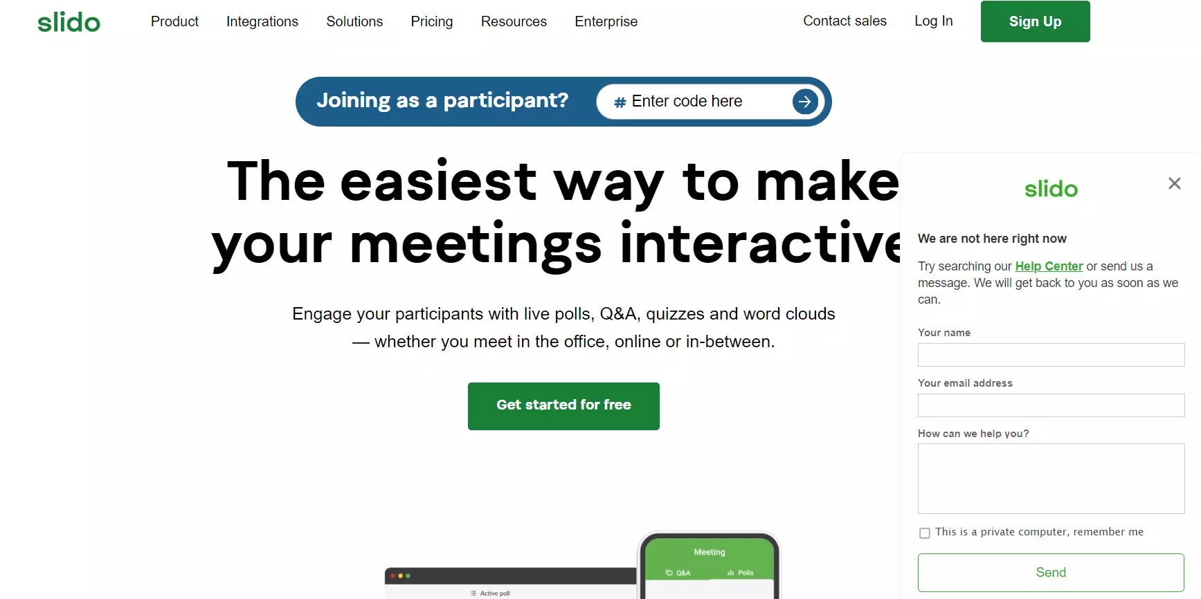 Homepage do Slido com sua caixa de chat