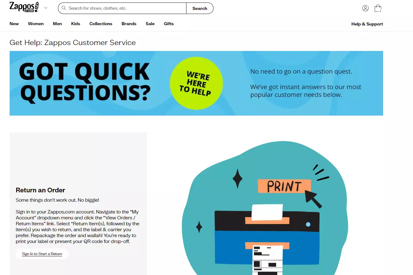 Página de suporte do Zappos exibindo suas opções de suporte