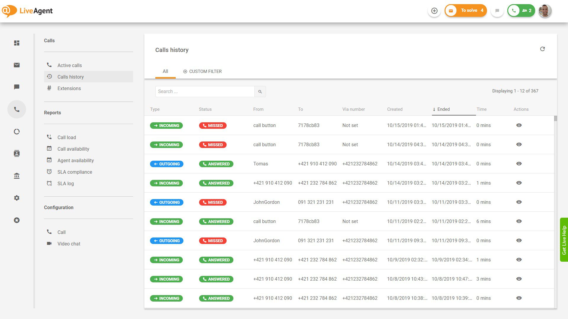 Visão geral da interface de central de atendimento no LiveAgent.