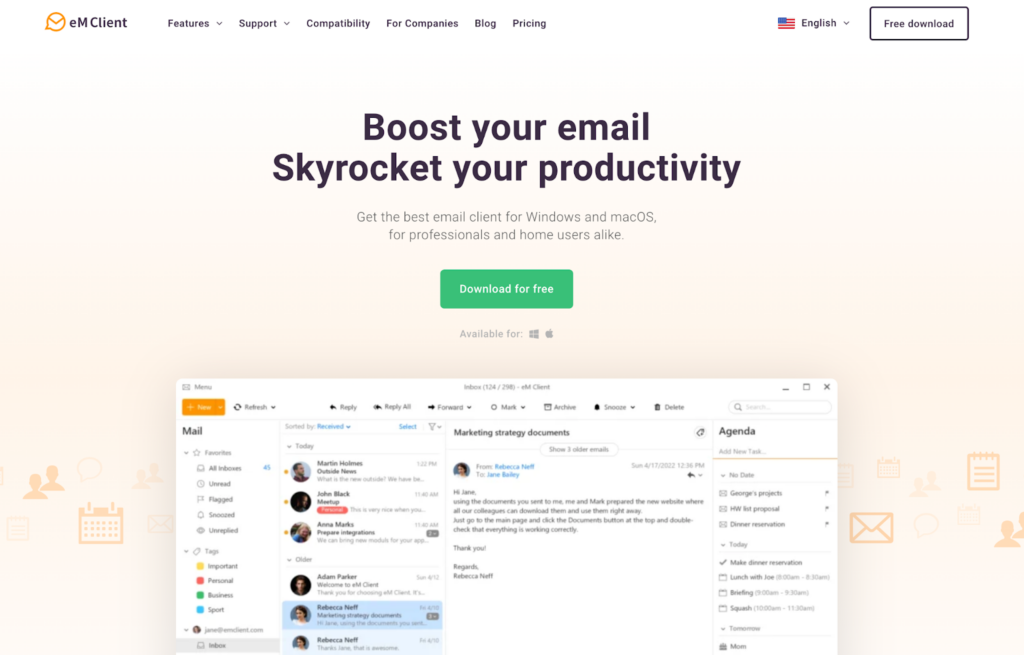 Página inicial do eM Client