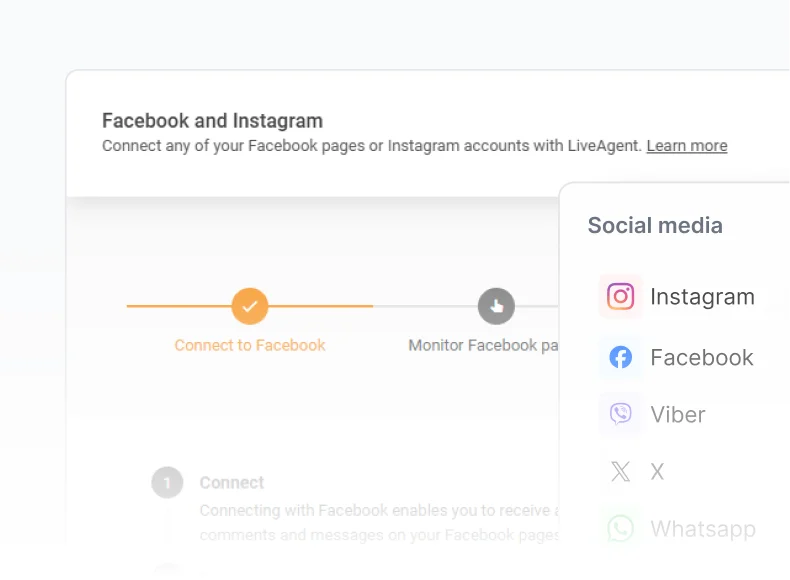 Integrações de redes sociais do LiveAgent com Facebook, Instagram e WhatsApp