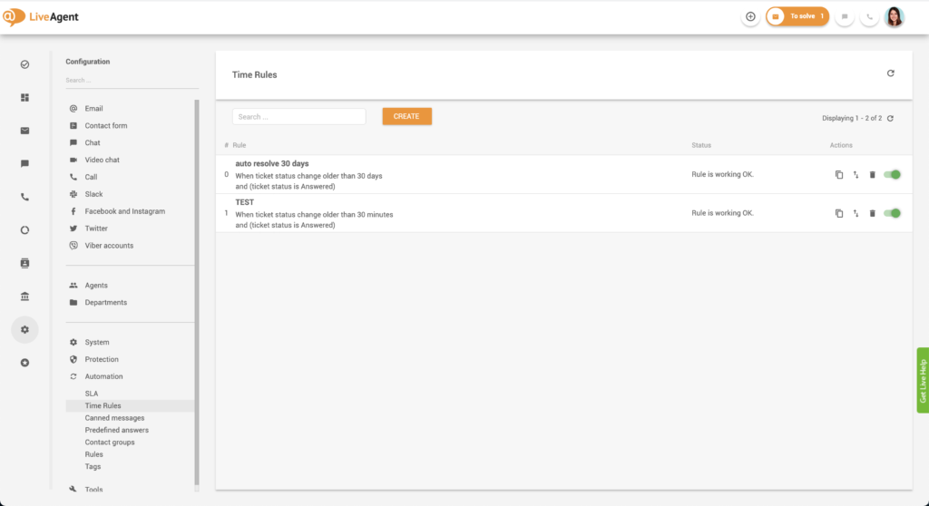 Exemplo de regras de tempo ativas
