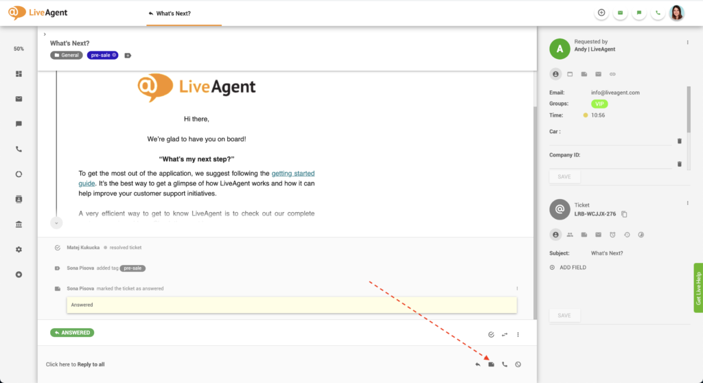 Botão Adicionar nota no LiveAgent