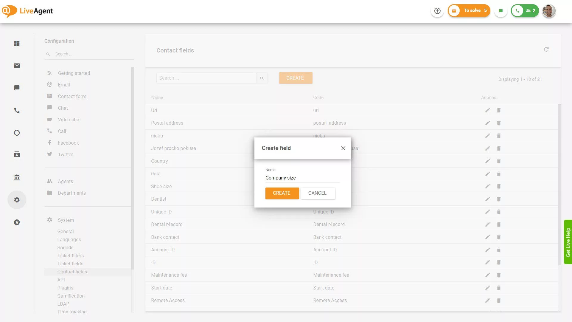 Adicionando configurações de campos de contato