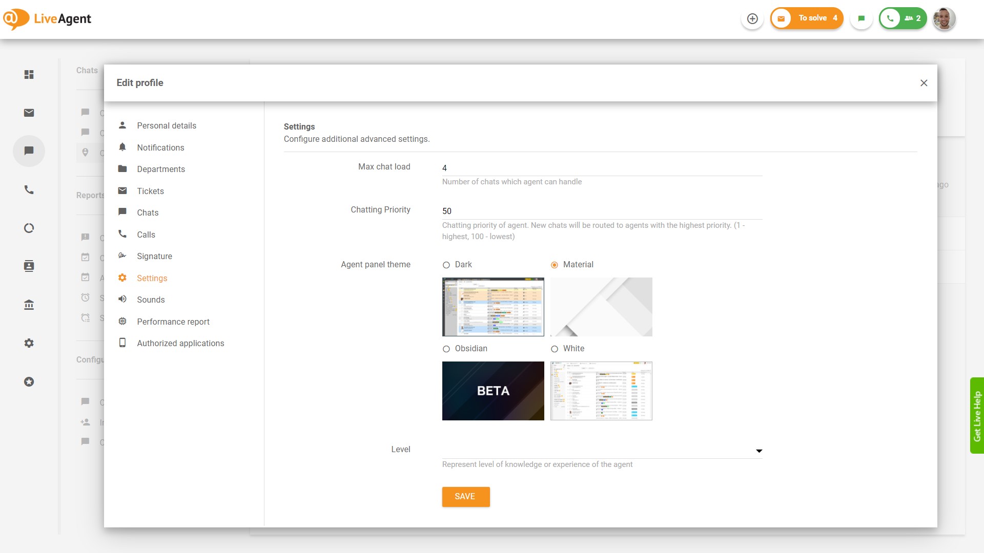Configurações do agente