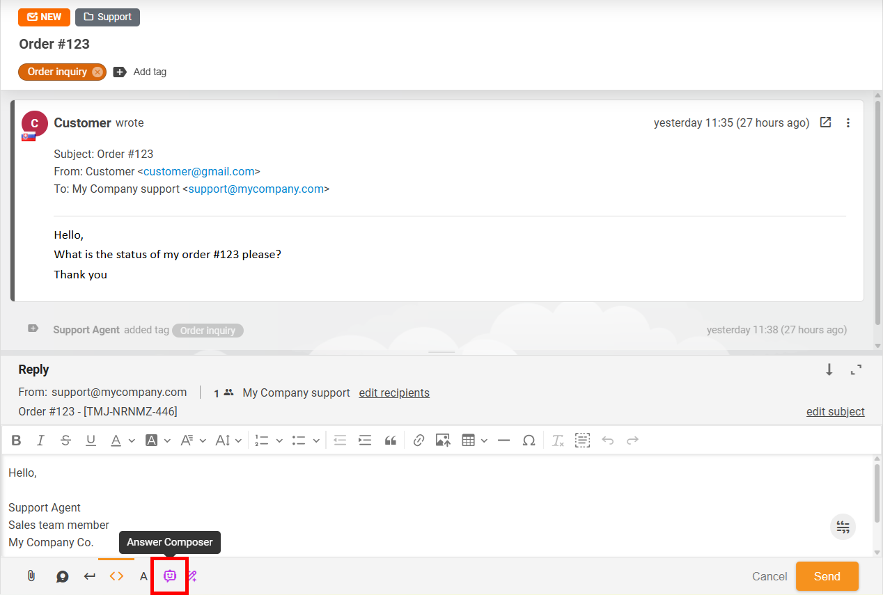 Botão do Compositor de Respostas com IA