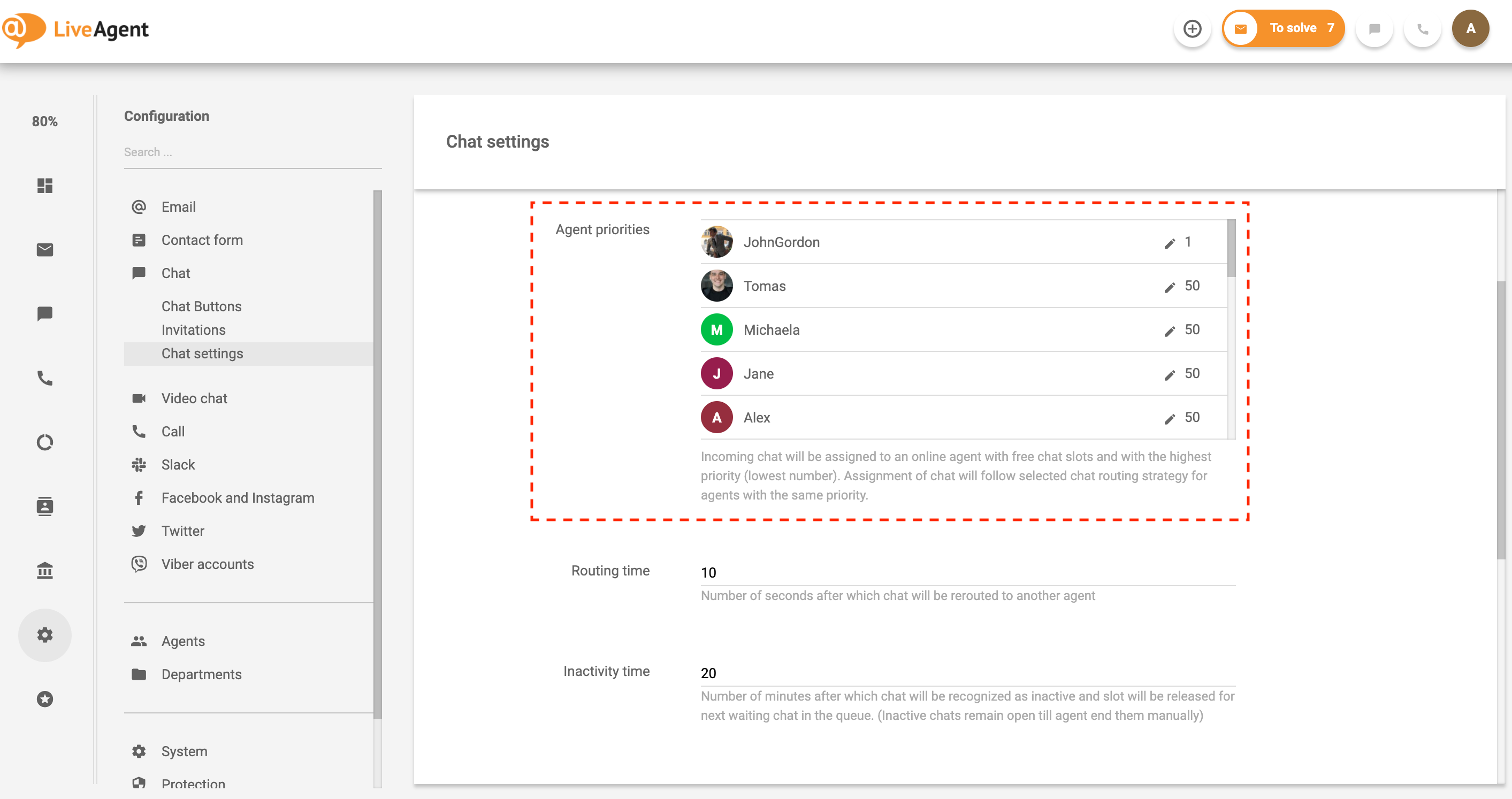 Prioridades de agente de distribuição automática de chat
