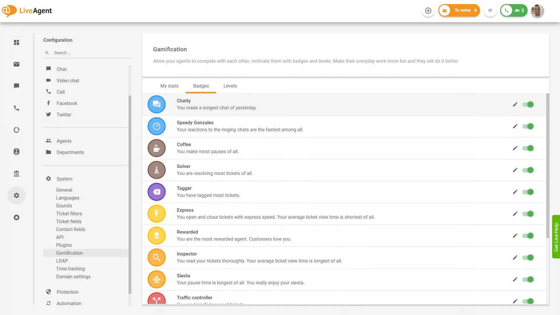Lista de badges disponíveis no LiveAgent
