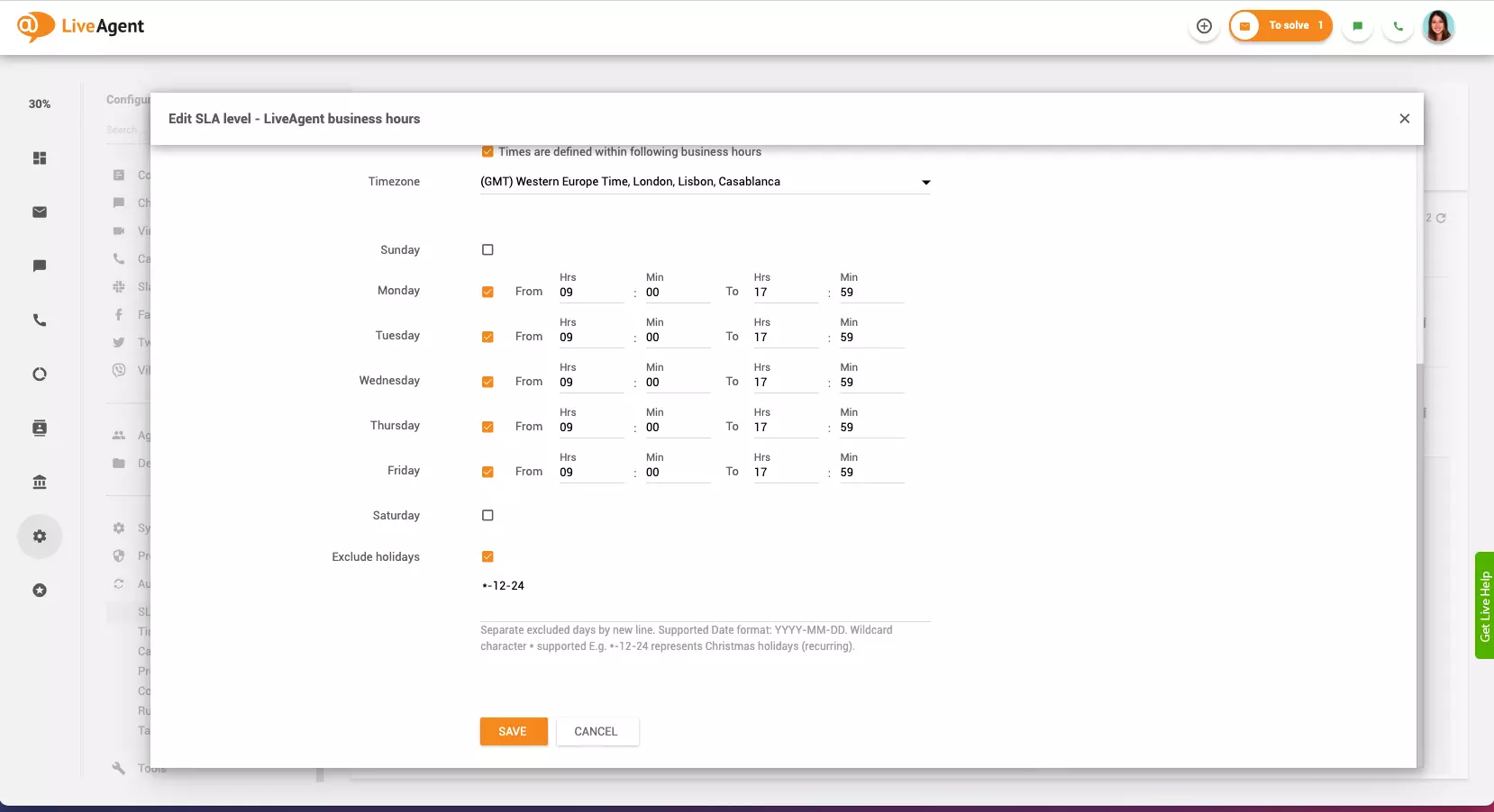 Configuração de horário comercial no LiveAgent
