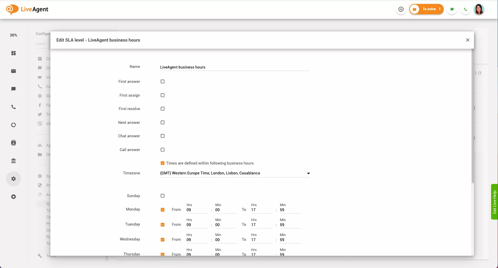 Configuração de horário comercial