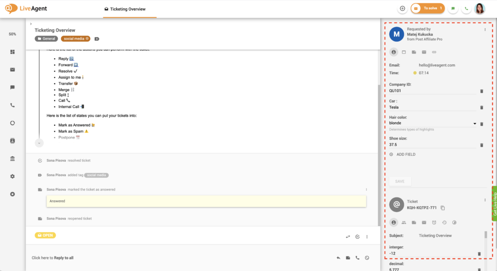 Exemplo de CRM no LiveAgent