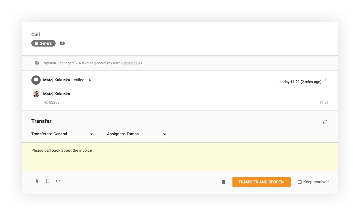 Recurso de transferência de chamadas no LiveAgent