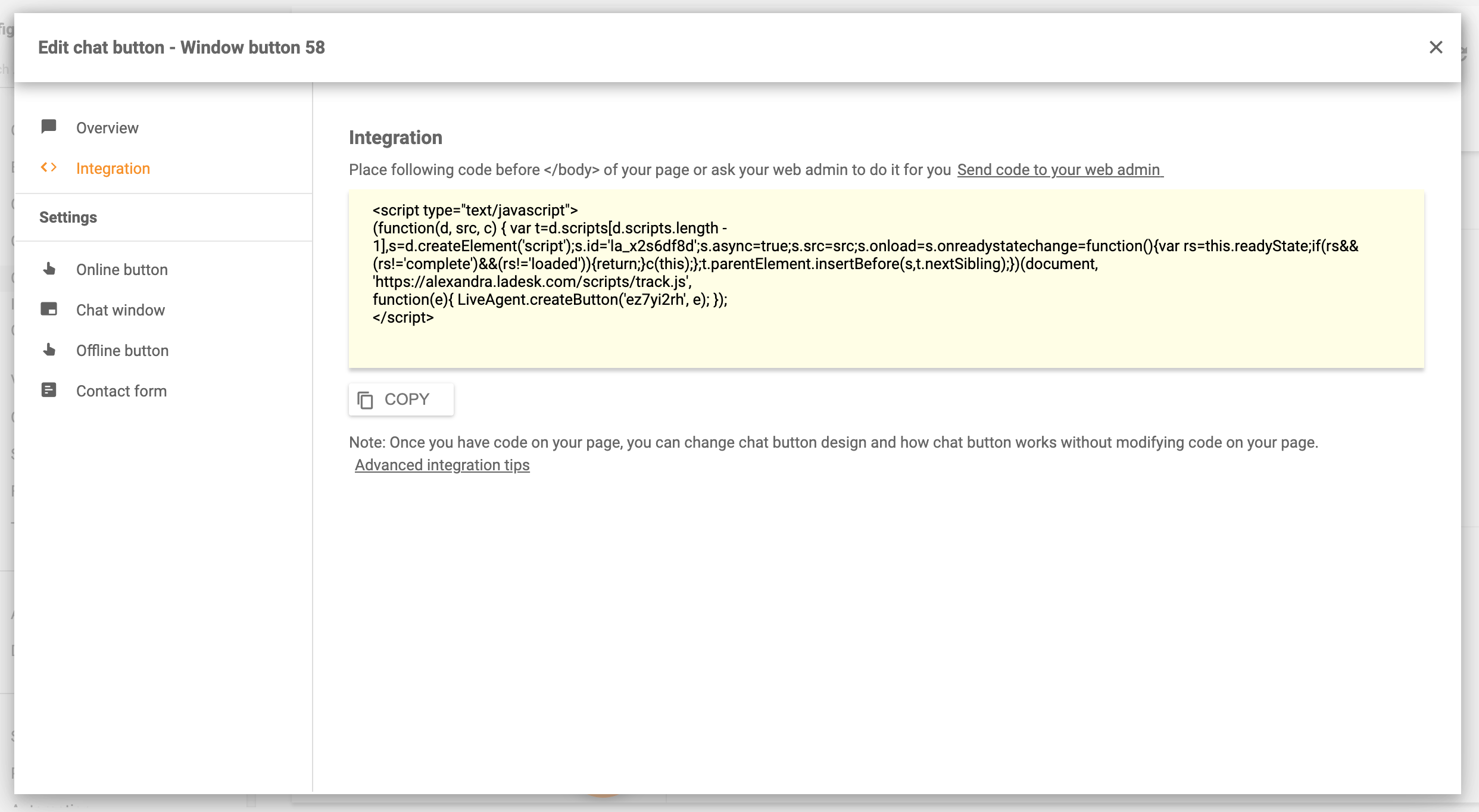 Incorporar o chat ao site - LiveAgent
