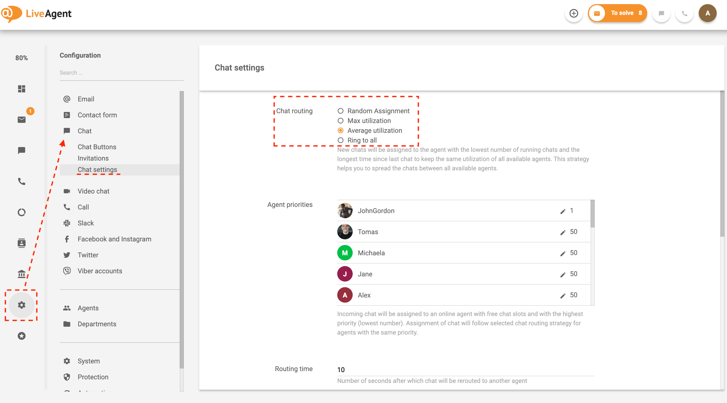 Recurso de distribuição de chat no LiveAgent