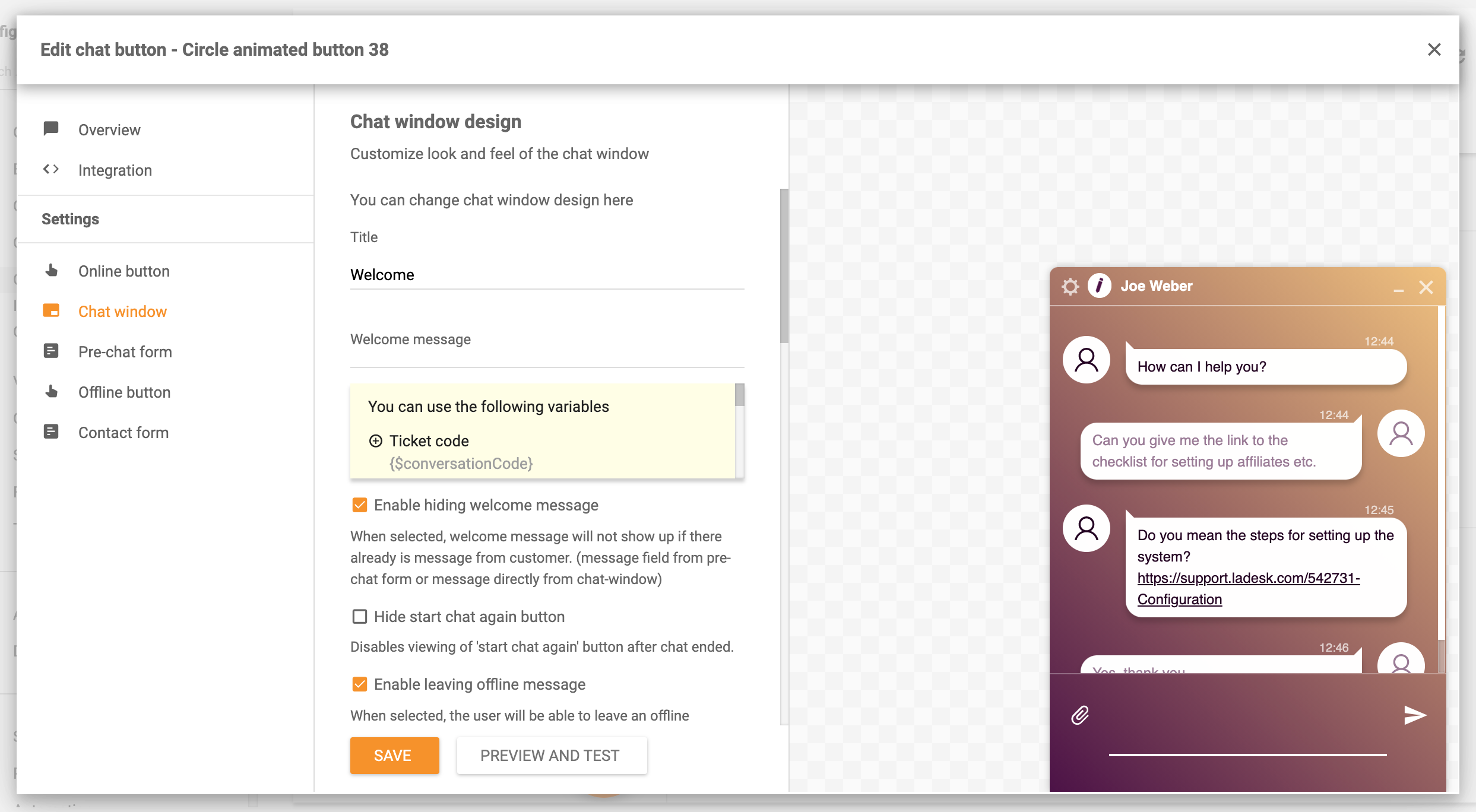 Opções de design da janela de chat