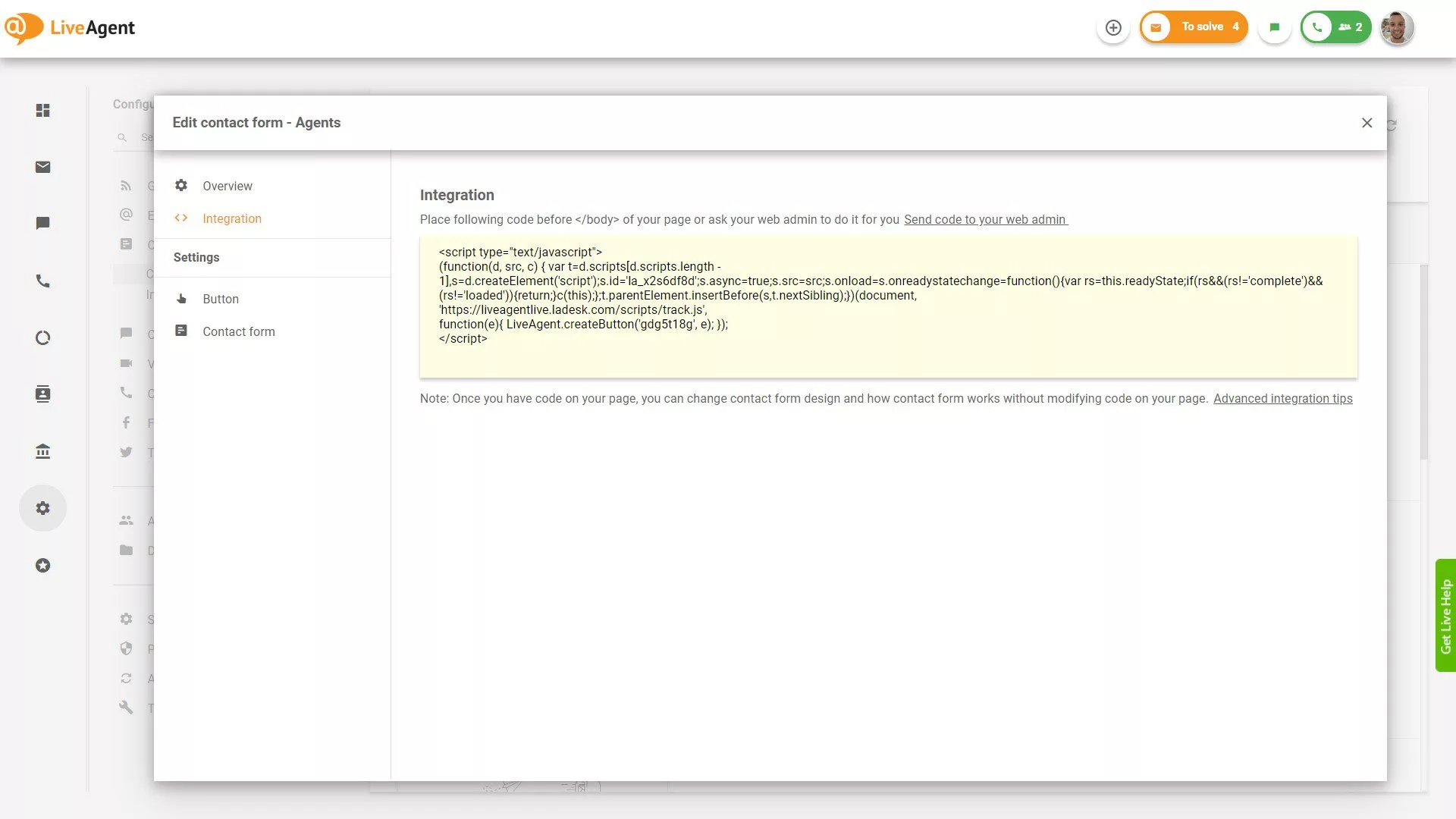 Código de Integração do Formulário de Contato LiveAgent
